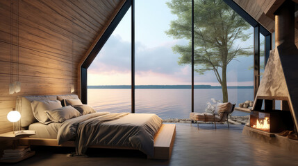 Loft interior design of modern bedroom with floor to ceiling window in seaside house. Generative AI