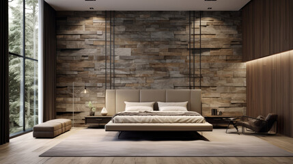 Minimalist interior design of modern bedroom with stone tiled and wood paneling wall. Generative AI