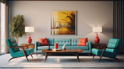 Mid-century style home interior design of modern living room. Grey sofa and turquoise lounge chairs. Generative AI