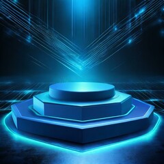 abstract background.a world of innovation with this 3D rendition of a neon blue platform stage, bathed in ethereal light against a dark backdrop. The futuristic design and neon accents of the podium c