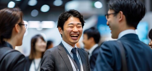 Obraz premium scene of friends in Asian business casual attire enjoying each other's company at an exhibition booth, their laughter echoing the bonds of friendship.