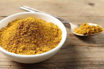 Dry curry powder in bowl and spoon on wooden table, closeup