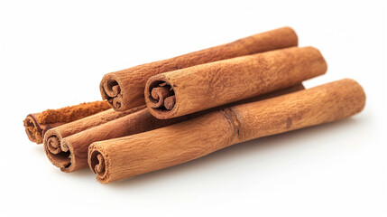Cinnamon sticks and powder, isolated on white background. Fresh cinnamon sticks and powder. Two brown vegetarian cinnamon sticks lying on white background. Scented spices background: Cinnamon powder. 
