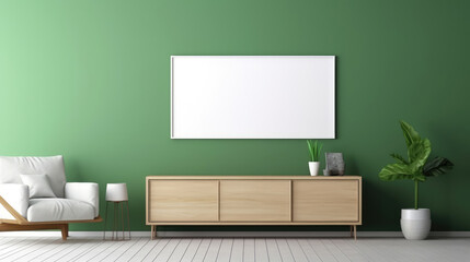 Interior of modern living room with sideboard and empty frame over green wall. Contemporary room with dresser. Home design with mock up poster.  Generative AI