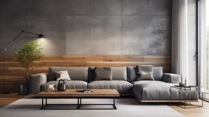 Grey fabric corner sofa in room with concrete and wood paneling walls. Minimalist loft home interior design of modern living room Generative AI