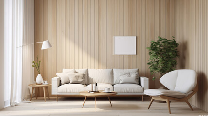 Minimalist scandinavian studio apartment. Interior design of modern living room with wooden paneling wall. Generative AI