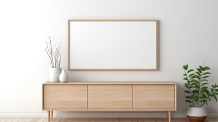 Mock up poster frame on the white wall above wooden console table. Background with copy space. Interior design of modern living room. technology. Generative AI