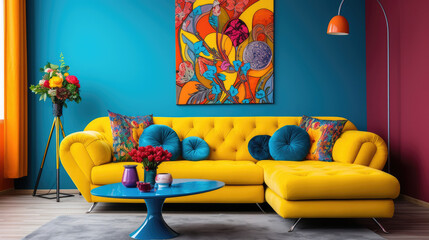 Colorful corner sofa in apartment. Interior design of pop art style colorful living room....