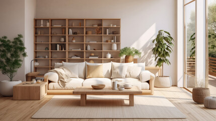 Cozy apartment with natural wooden furniture. Interior design of modern scandinavian living room. Generative AI