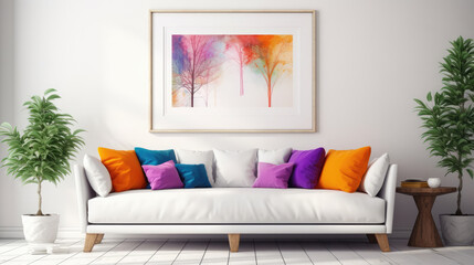 White sofa with colorful cushions against of white wall with art poster. Scandinavian style interior design of modern living room. Generative AI
