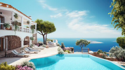 Traditional mediterranean white house with pool on hill with stunning sea view. Summer vacation background. Generative AI