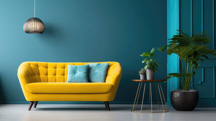 Teal sofa and yellow accent chair. Retro interior design of living room. Generative AI