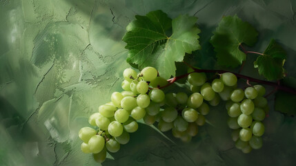 a fresh branch of green grapes on a matching green background.