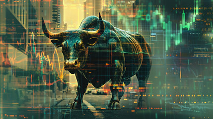 a stylized digital bull on a stock graph with a prominent green upward arrow. - obrazy, fototapety, plakaty