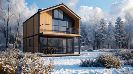 Modern two-story wooden house with glass, industrial style house, architecture concept, background with trees and snow.