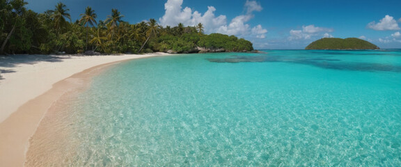 A secluded tropical island paradise with a pristine white sand beach, palm trees, crystal clear...