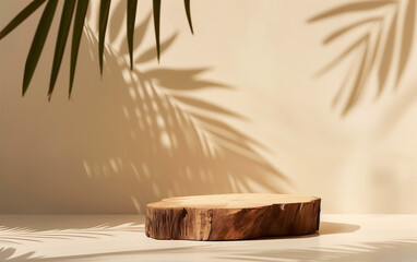 Minimalist wooden stump podium with palm leaf shadow and beige background for product display.