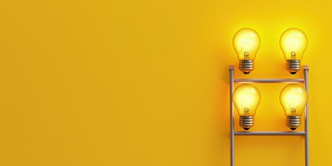 Light bulbs with ladder, concept of idea, creativity and success, yellow background. - obrazy, fototapety, plakaty