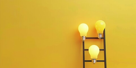 Light bulbs with ladder, concept of idea, creativity and success, yellow background.