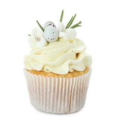 Tasty Easter cupcake with vanilla cream isolated on white