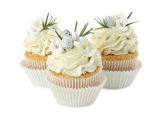Tasty Easter cupcakes with vanilla cream isolated on white