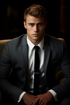 A young handsome man in a grey suit looking at camera