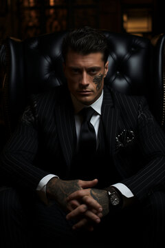 Handsome man wearing pinstripe suit sitting in leather armchair