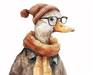A cute watercolor painting of a duck wearing a hat, scarf, and glasses. - obrazy, fototapety, plakaty