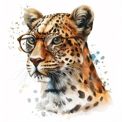 A cute watercolor painting of a leopard tiger wearing horn-rimmed glasses.