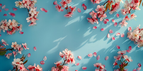 Pink Beautiful cherry blossom or sakura tree branches on blue sky with copy space blue background in spring season