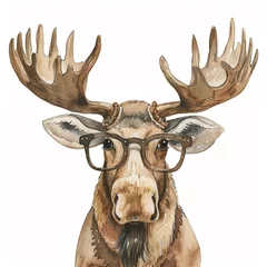 Foto auf Acrylglas A cute watercolor painting of a moose deer wearing brown plastic-framed glasses. © Katawut