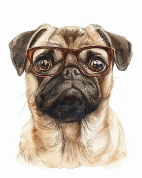 A cute watercolor painting of a pug dog wearing horn-rimmed glasses.