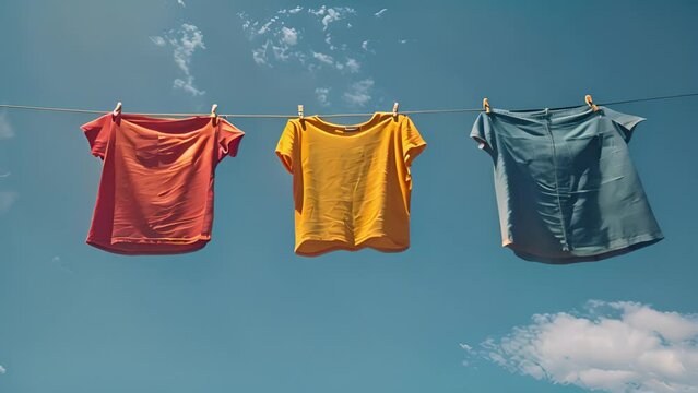 Colorful clothes hanging to dry on a laundry line clouds moving in the wind and sun shining in the blue sky. clothes drying in the wind. 4k video