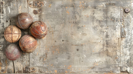 Four old sports balls are sitting on a wooden table. The balls are of different sizes and colors, and they appear to be worn and weathered - obrazy, fototapety, plakaty