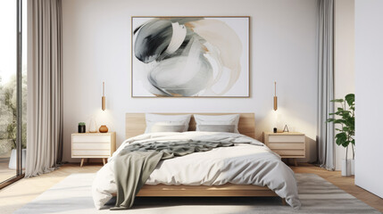 Scandinavian interior design of modern bedroom with big art poster frame. Generative AI