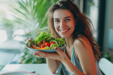 Happy beautiful young woman eating salad at home. Vegan, healthy lifestyle concept
