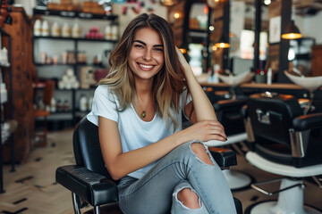 Happy business owner fashionable woman sitting in her beauty salon. SME, entrepreneur concept
