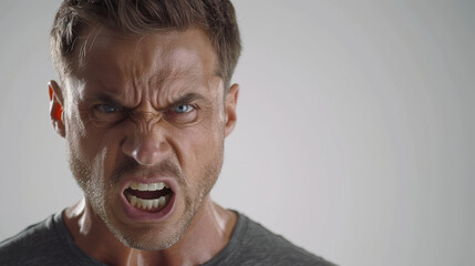 A man with a scowl on his face and a mouth full of teeth. He looks angry and is wearing a grey shirt