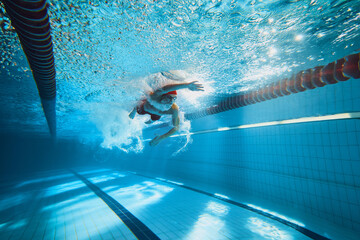 Dynamic image of young man, swimmer in motion, swimming freestyle stroke in pool, training. Concept...