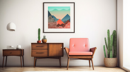 Chair near wooden cabinet and art poster on white wall. Interior design of mid-century living room. Generative AI