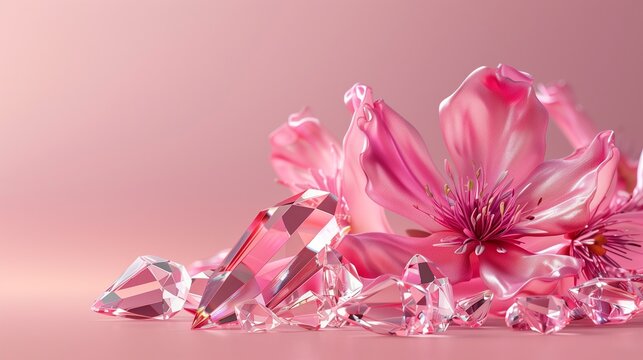 Pink flower with crystals on a pink background with copy space.