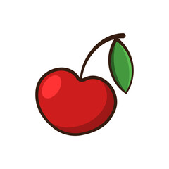 Cherry vector flat illustration. Stylized red berry with green leaf on white background.