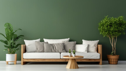 Cozy wooden sofa with white cushions near dark green wall. Side table with houseplant and potted tree. Scandinavian interior design of modern stylish living room. Generative AI