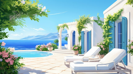 Summer terrace with sunbed. Traditional mediterranean white house. Summer vacation background. Generative AI