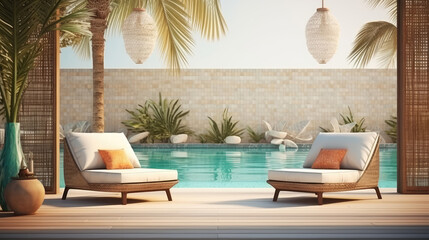 Poolside lounge are with rattan sofa with ornaments pillows. Beautiful hotel spa or wellness concept, recreational vacation resort tranquil area. Generative AI