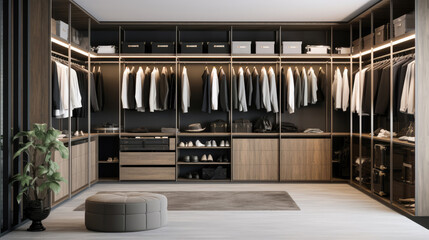 Modern minimalist men walk in wardrobe with clothes hanging on rods, shelves and drawers. Dressing room with space for storing and organizing accessories. Generative AI