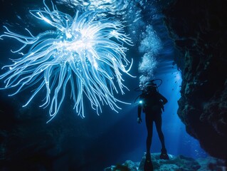 Fearful Diver Encounters Gigantic Bioluminescent Sea Creature - Awe-Inspiring Underwater Scene with Glowing Jellyfish-Like Organism and Silhouetted Scuba Diver