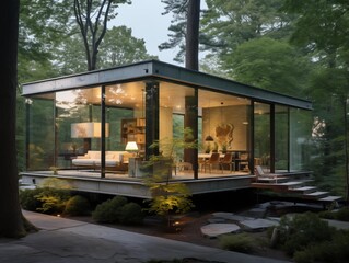 Obraz premium A Cozy Evening Inside a Glass House Surrounded by Forest