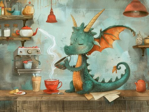 Whimsical Dragon Making Tea in Cozy Kitchen - Fantasy Creature Doing Mundane Tasks - Microstock Royalty-Free Stock Image