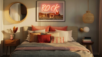 Cozy bedroom interior with chic decor, illuminated by a neon ROCK sign,  the epitome of modern...